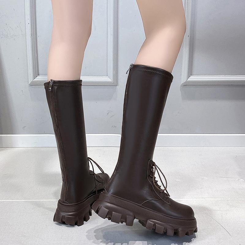 Boots 2021 Women Fashion Thick Med Heel Platform Over The Knee Boot Round Toe Lace Up Zipper Ladies Autumn Winter Black