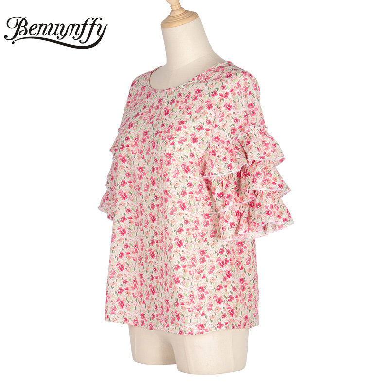 Layered Flare Sleeve O-Neck Summer Tops for Women Holiday Casual Floral Print Short Ladies Blouses Top 210510