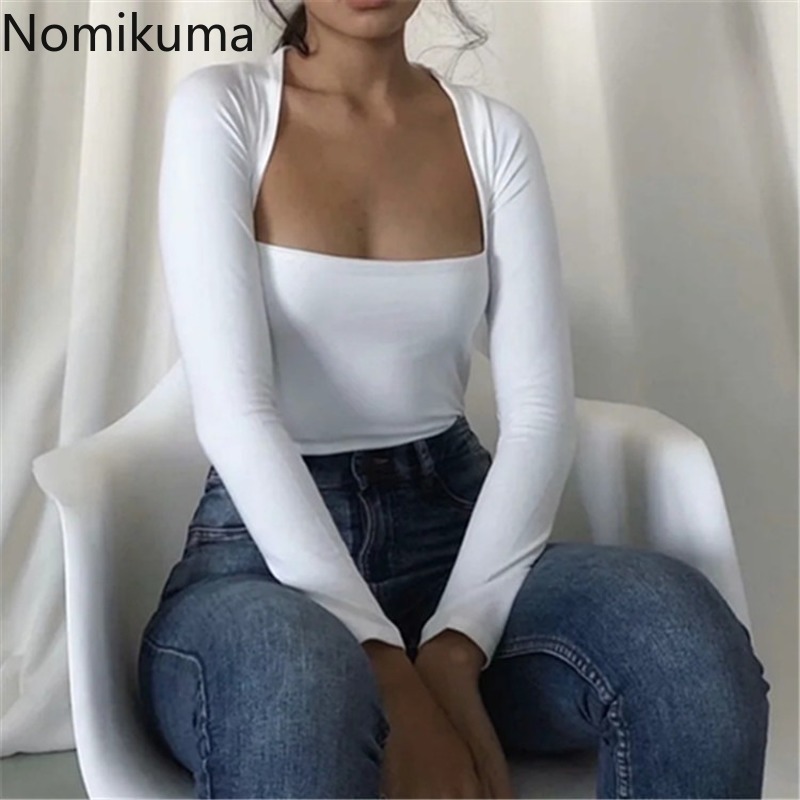 Nomikuma Chic Sexy Square Collar Women Graphic T Shirts Solid Slim Korean Spring New Tshirt Causal Camisas De Mujer 6F376 210427