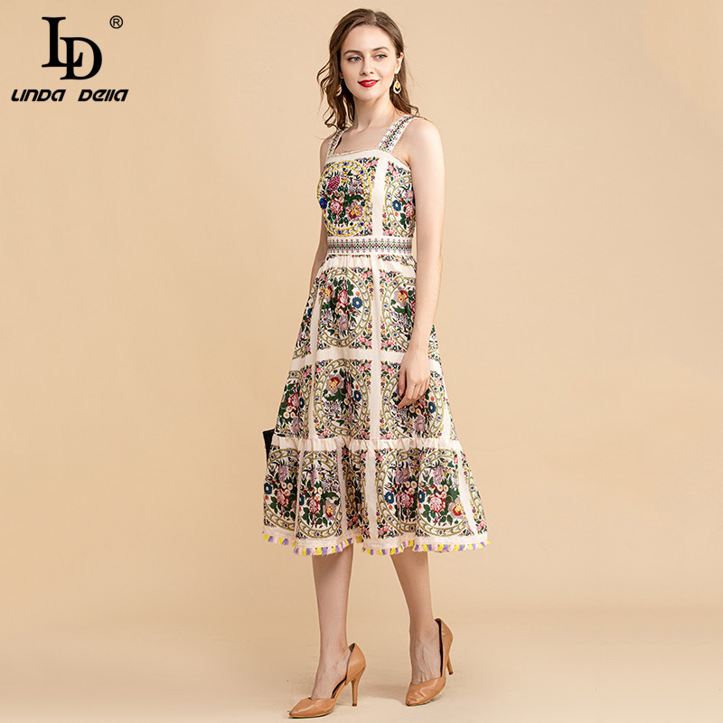 Summer Fashion Runway Vintage Dress WomenSpaghetti Strap Beautiful Floral Print Beading Midi Party Elegant 210522