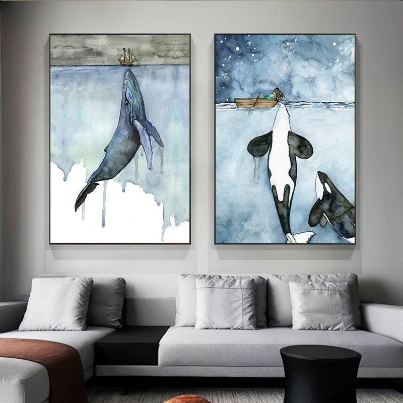 Orca Watercolor Painting Whale Seascape Wall Art Pictures Poster and Prints Painting Cuadros Artwork for living Room Home Decor