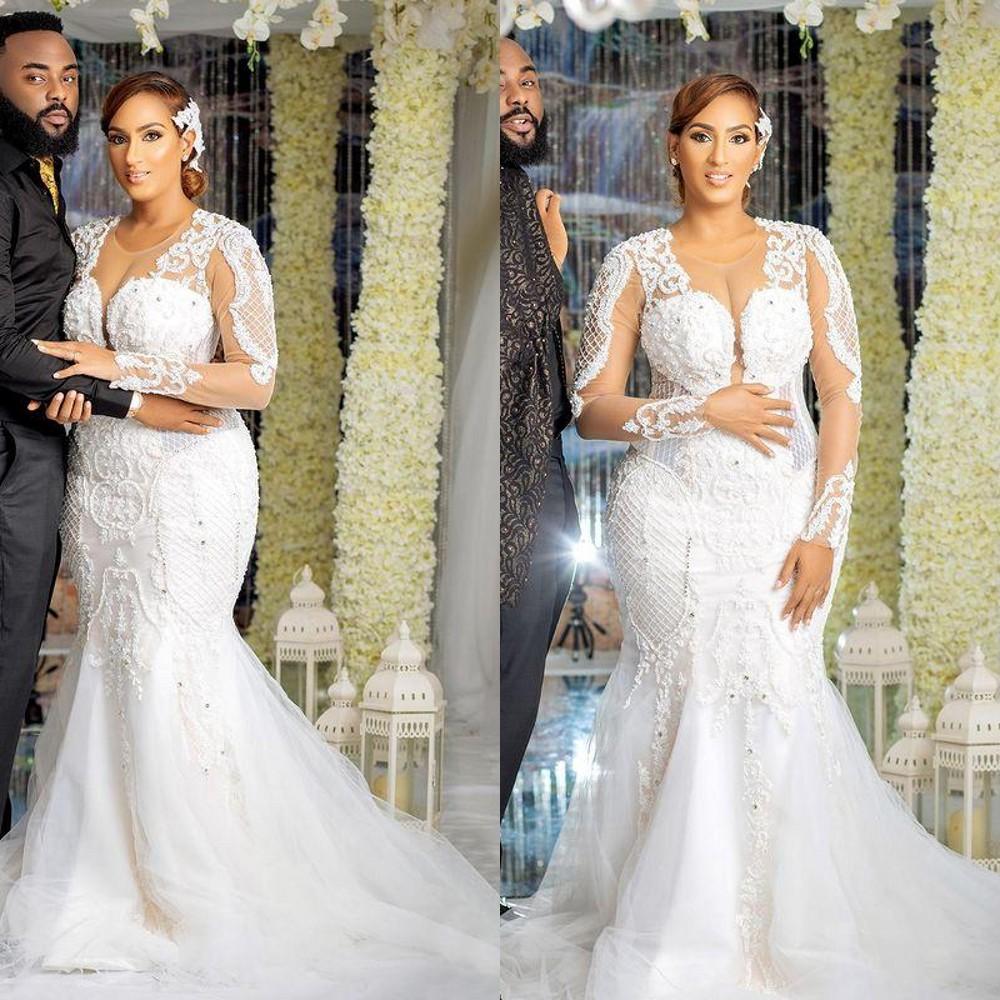 Plus Size Wedding Dresses Mermaid Bridal Gown Arabic Long Sleeves Lace Applique Crystals Sweep Train Custom Made Designer Sexy Illusion Vestido De Nov