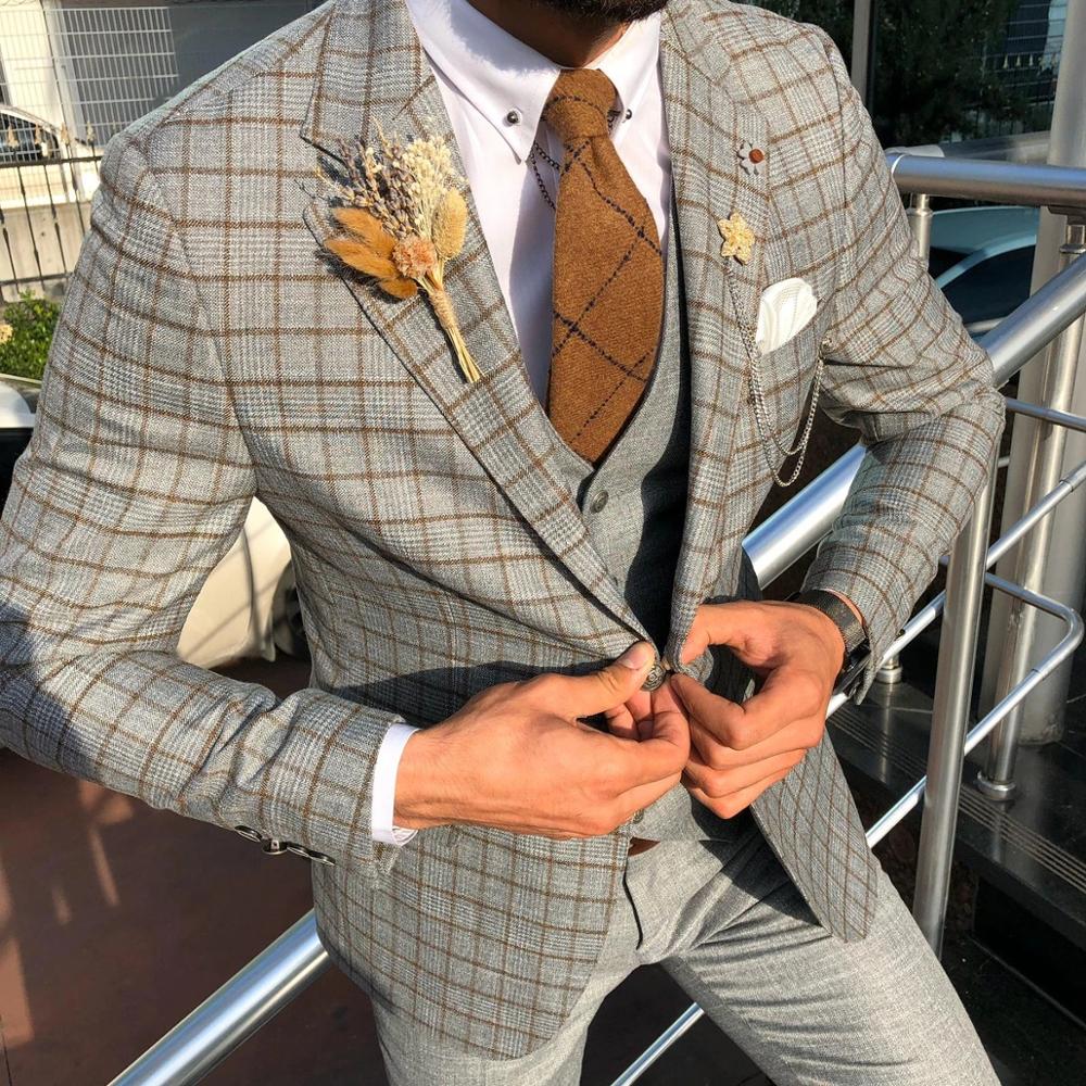 Classic Wedding Tuxedos Men's Suits Slim Fit 3 Pcs Suit for Men Check Business Mens Groom Tuxedo Prom Tailor Notch Custom Made