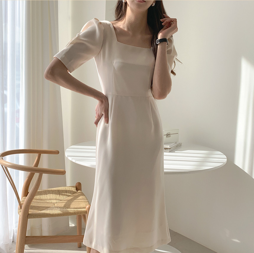 Korean Spring Temperament Elegant Square Collar Puff Short Sleeve Dress Women High Waist Office OL Slim Vestido Robe 210519