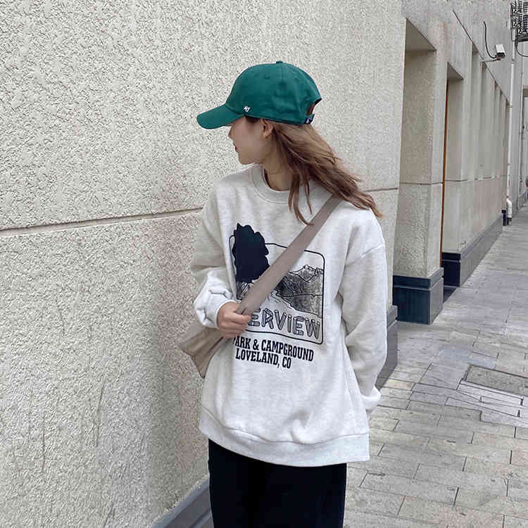 autumn winter korean style Women grey Sweatshirts Long Sleeve letter print thick Sweatshirt Womens pullovers (F4129) 210423