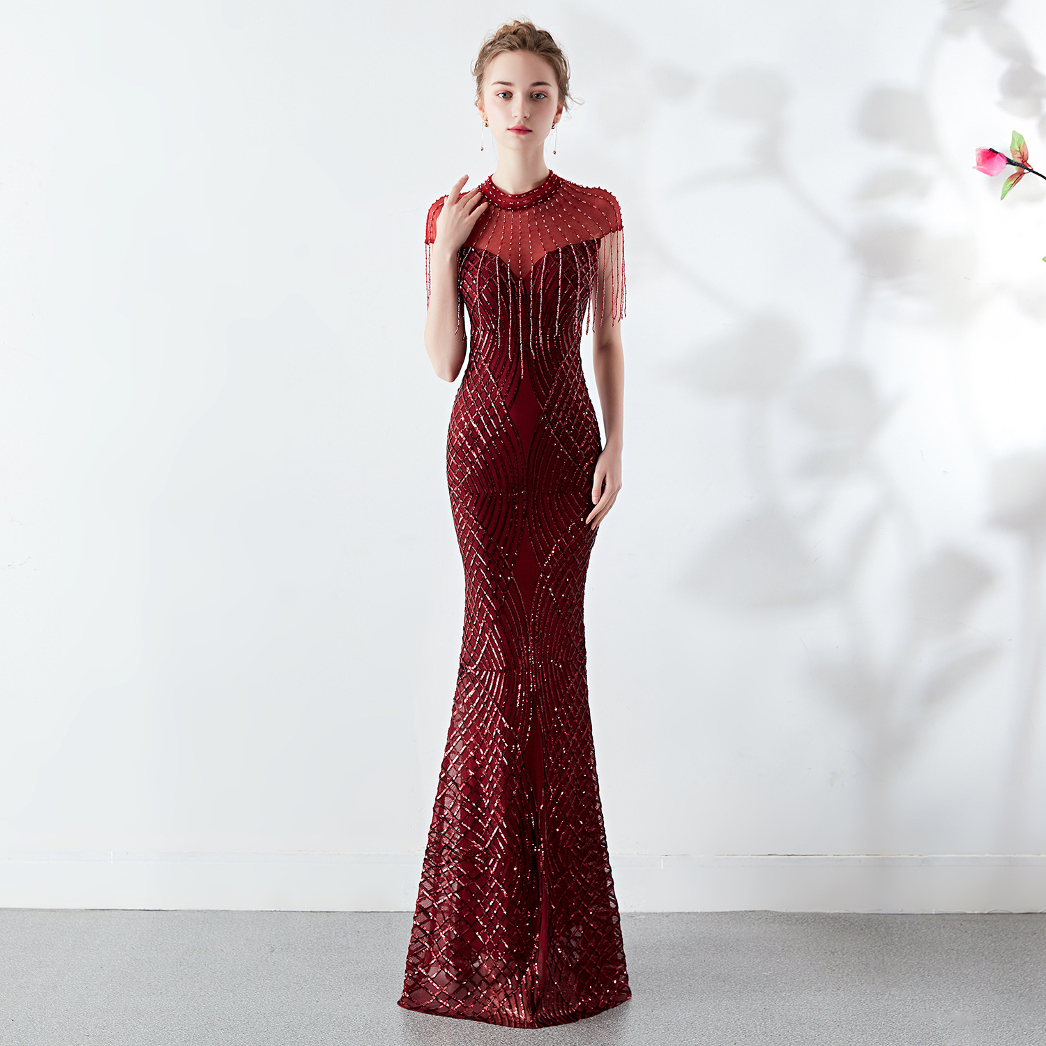 High Neck Mermaid Prom Formal Dresses Burgundy Sparkly Beaded Sequins Tassel robe de soirée de mariage Fishtail Evening Gown