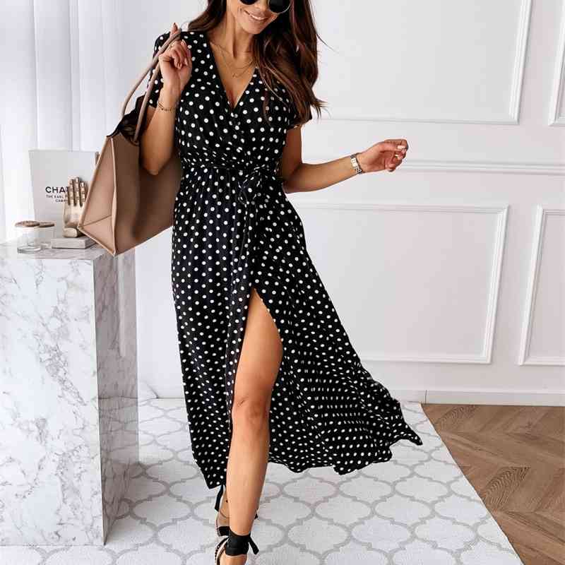 Women Dresses Summer Fashion Polka Dot Split Boho Dress Casual Beach Vacation Long Vestido De Mujer YS9885 210623