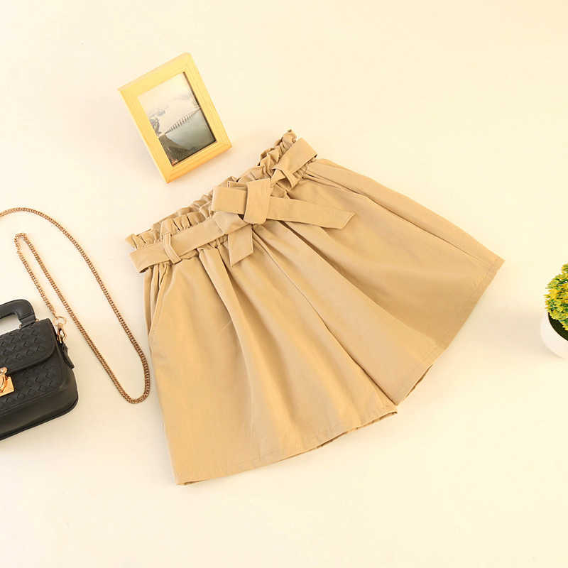 Elastic waist tie bow Loose Cotton shorts Womens summer Korean ruffles wide leg for women wild casual Shorts 210714