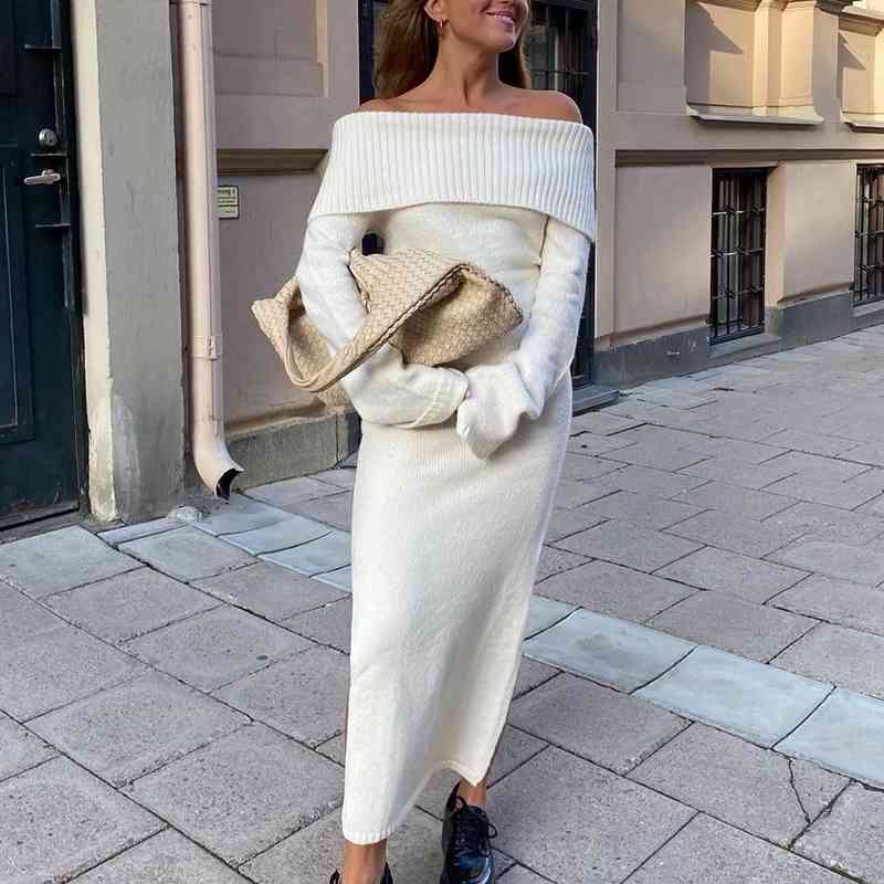 Vintage Women Elegant Off The Shouder Bomb Knitted Long Dresses Spring Fashion Ladies Slim Chic Dress Female Stylish 210430