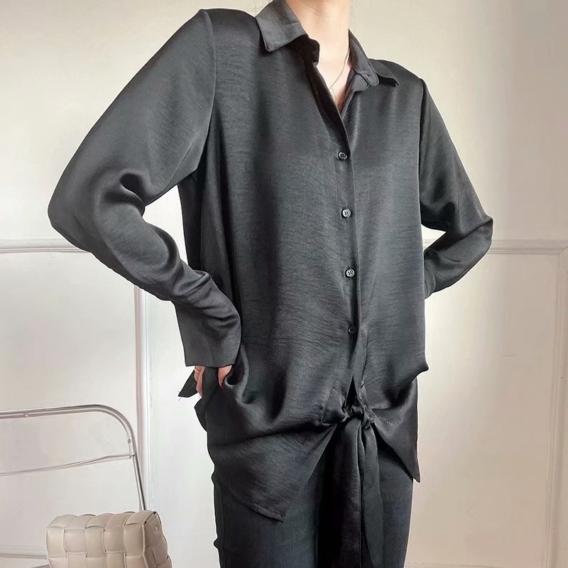Causal Women Solid Soft Shirts Fashion Ladies Elegant Turn Down Collar Tops Streetwear Female Chic Drawsting Blouses 210430
