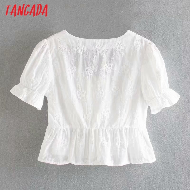 Women Retro White Lace Crop Short Sleeve Summer Chic Female Slim Shirt Tops 3D42 210416