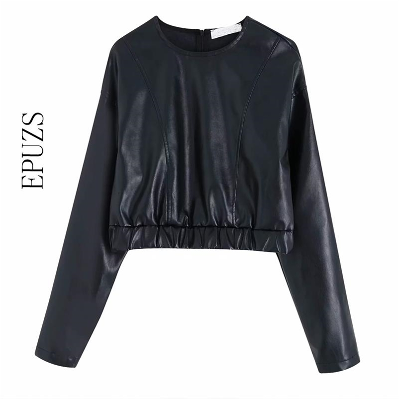 Womens PU leather t shirt women crop top long sleeved faux black T Streetwear Cropped Tops za Ts 210521
Womens PU leather t shirt women crop top long sleeved faux black T Streetwear Cropped Tops za Ts 210521