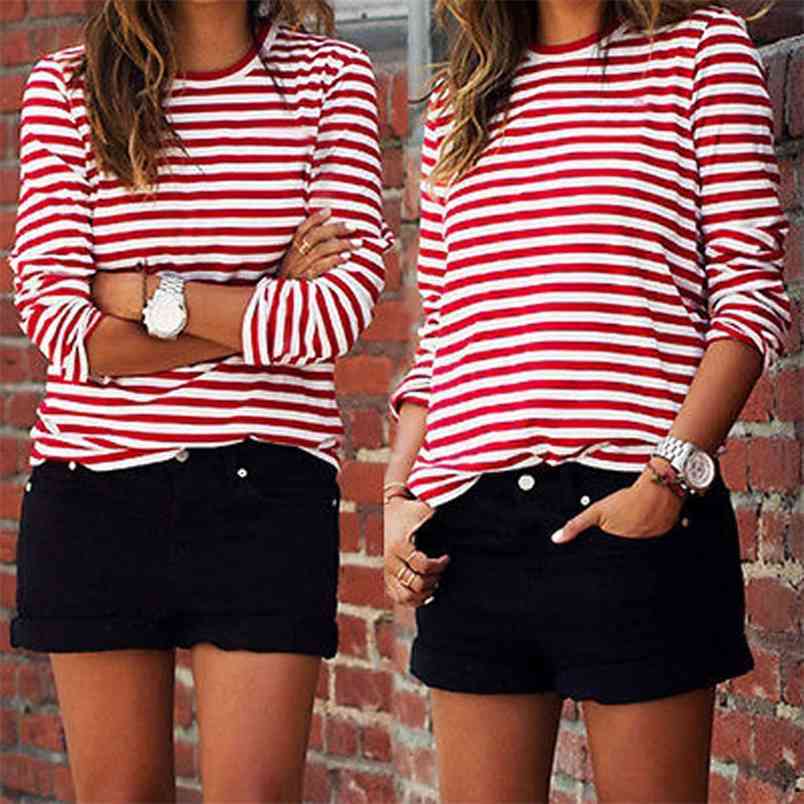Women T-Shirt Casual Red White Striped Print Long Sleeve Loose Female Basic O-Neck Tops Fashion Ladies Streetwear 210522