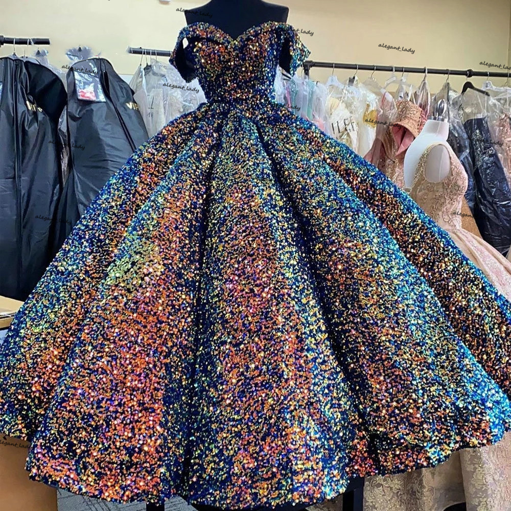 Puffy Skirt Princess Quinceanera Dresses Off Shoulder Beaded Sequins Lace-up Corser Vestidos formales Sweety 15 Prom Dress