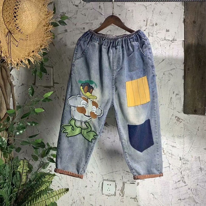 High Quality Spring Summe Women Elastic Waist Loose Jeans Vintage Patchwork Cartoon Embroidery Cotton Denim Harem Pants M232 210512