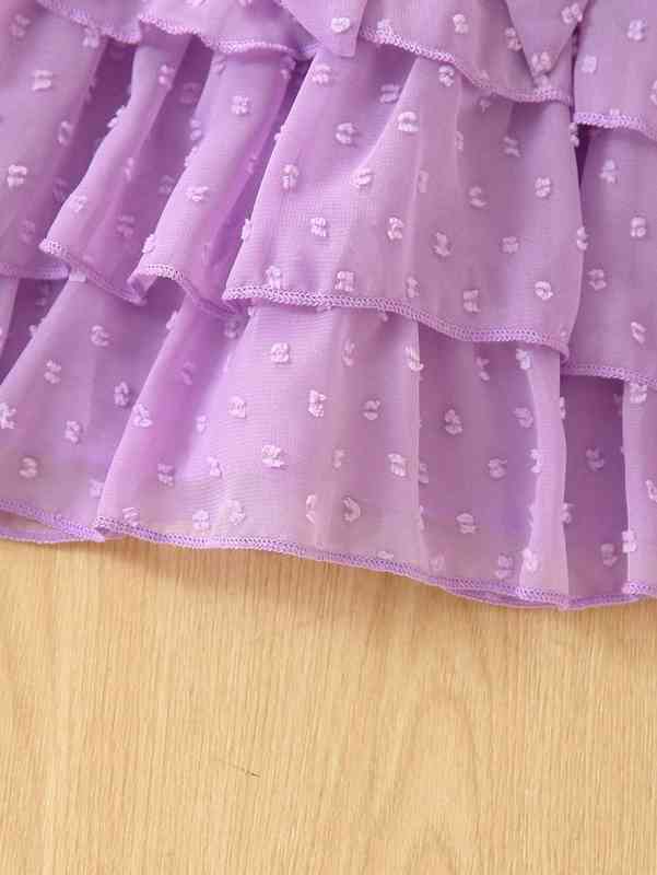 Baby Swiss Dot Asymmetrical Neck Layered Hem Belted Dress SHE