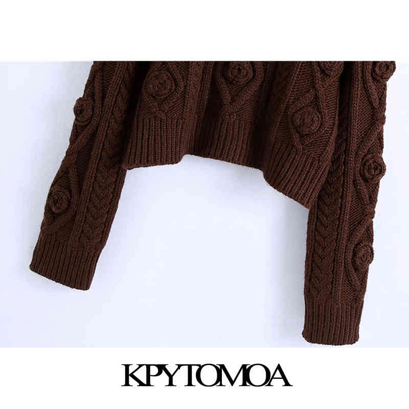 Women Fashion With Flowers Cropped Cable-knit Sweater High Neck Long Sleeve Female Pullovers Chic Tops 210420