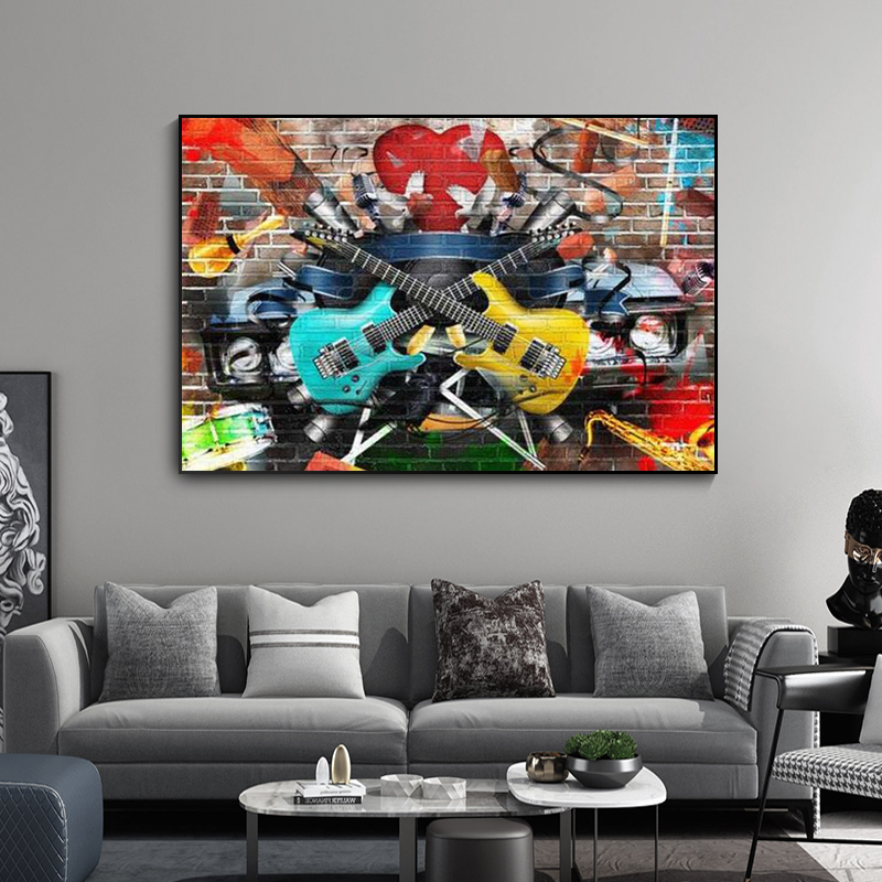 Collage of Music Wall Art Color and Bright Musical Wall Decor Graffiti Large Canvas Print Retro Car Gitars Wall Art Drums Poster