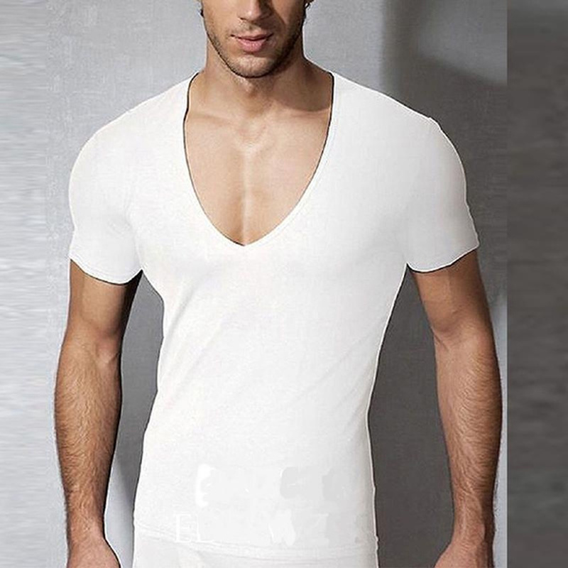 T Shirts Men Deep V Neck Short Sleeve Tshirts Summer Streetwear Casual Solid Slim Polyester Tees Gym Fitness Boxing T Shirt Tops
