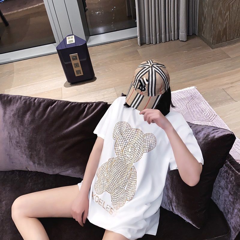 Beading Bear Women T-shirt Harajuku Oversize Short-Sleeved HIp Hop Women Cotton Loose Crystal Maxi Korean Female Clothes 210406
