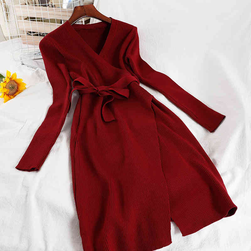 Spring Arrivals Solid Knitted Long Sleeve V-neck High Waist Lace Up Light Mature Fashion Women Midi Dress MZ930 210525, Wine red
Spring Arrivals Solid Knitted Long Sleeve V-neck High Waist Lace Up Light Mature Fashion Women Midi Dress MZ930 210525, Wine red