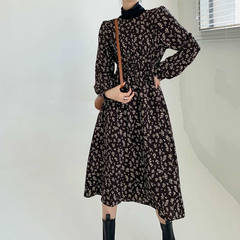 Women's O-Neck Floral Dresses Autumn Loose Slimming Mid-Length Full Sleeve Zipper Winter Bottoming Chiffon Dress Femee Vestidos 210514