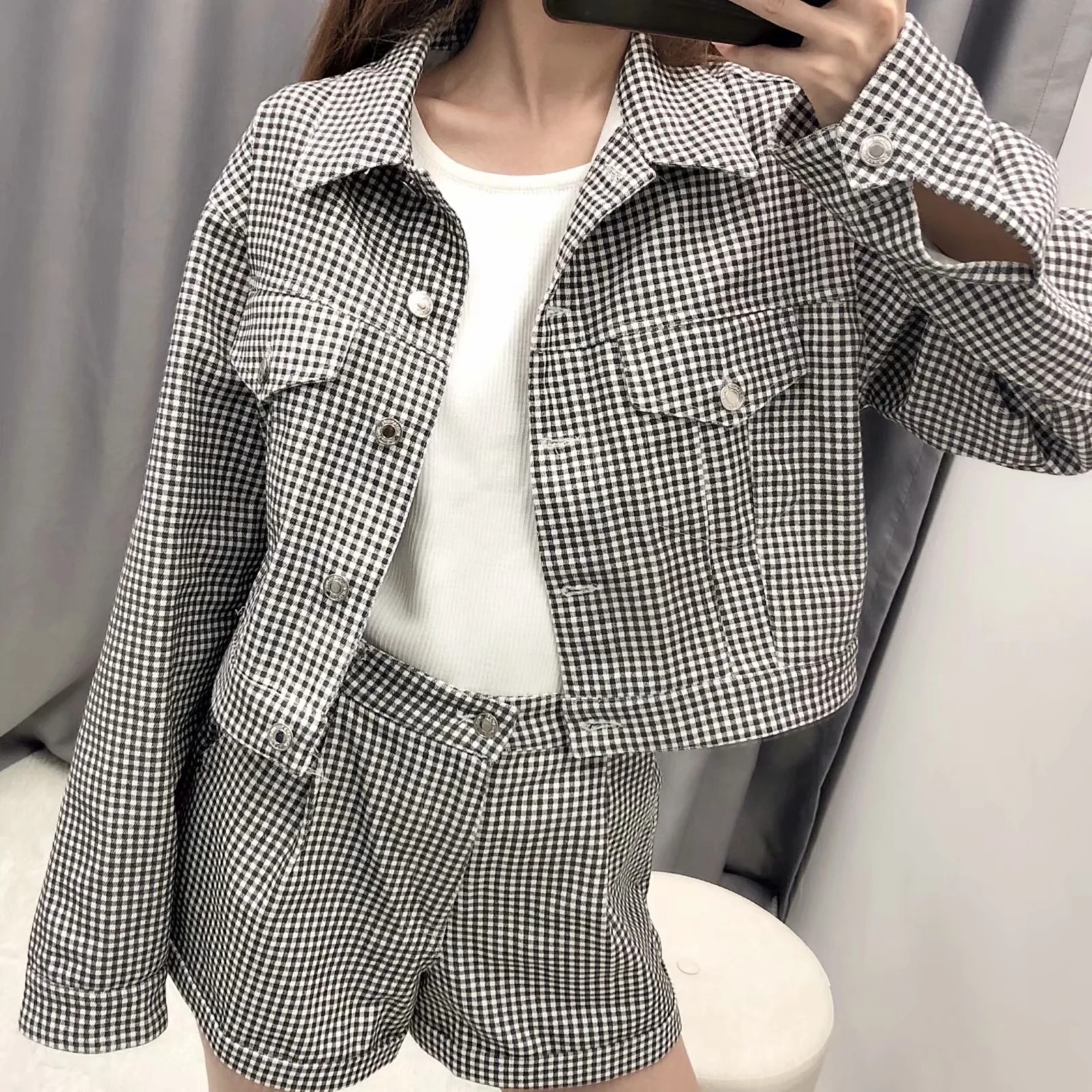 Women Houndstooth Demin Cropped Jacket Single Breasted Casual Outwear Coat Chic Female Streetwear 210521