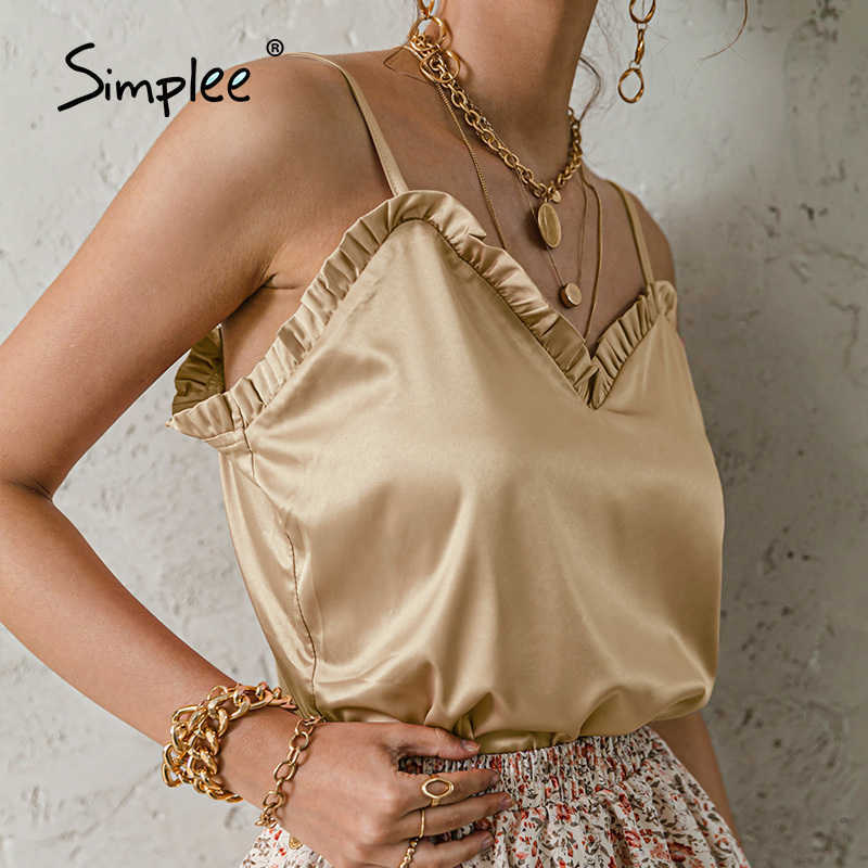 V-neck Sexy Satin ruffle Female Tanks Pink Loose Basic Sleeveless Office Lady Camis Fashion Women's Summer Sling Top 210625