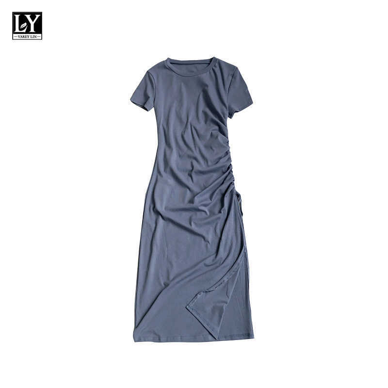 LY VAREY LIN Summer Women Slim Shirring Frenulum Solid Color Medium Long Dress Casual O-neck Short Sleeve High Waist Dresses 210526