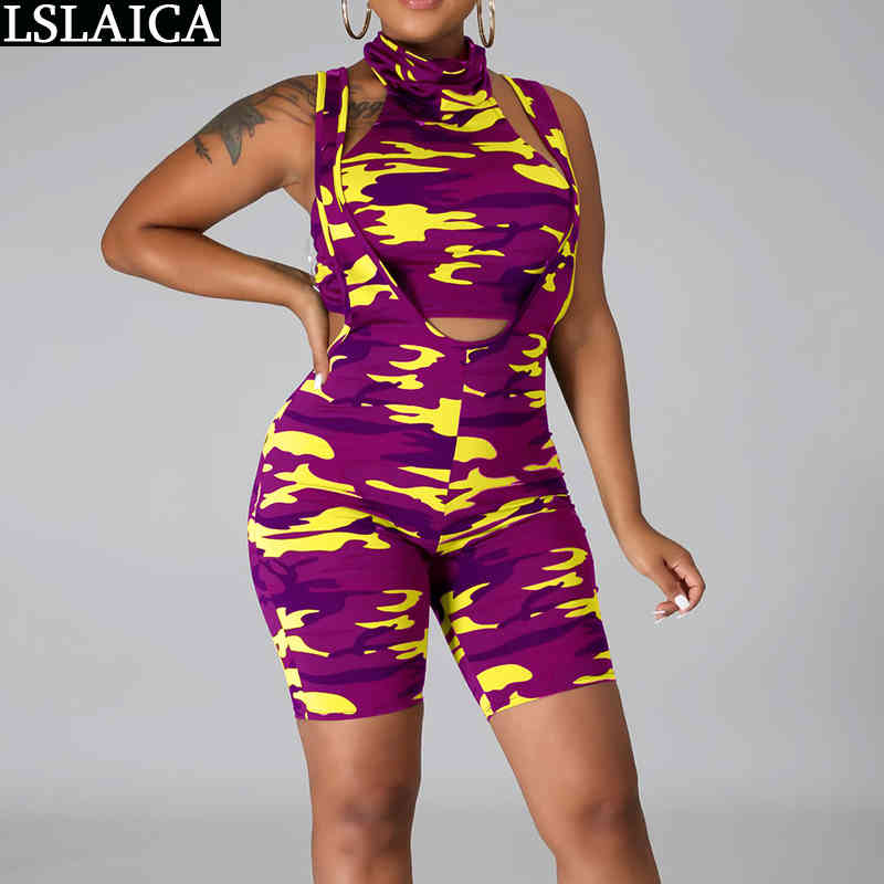 Crop Tops Tracksuit Women Camouflage Print Halter Sleeveless 2 Piece Sets Womens Outfits Short Pants Sport Conjunto Mujer 210520