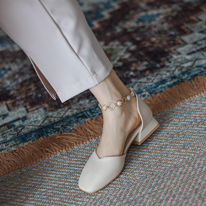 Dress Shoes Sandals Middle Heel Hollow Women's Summer 2021 Block Mary Pearl Single Heels Women Soft Bottom Size 34-40