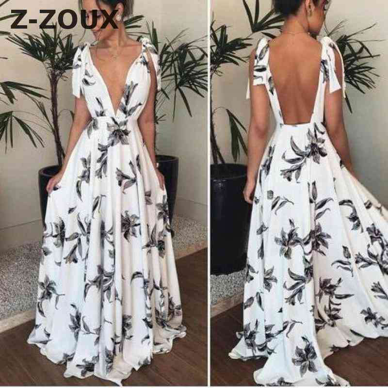 Women Dress V-Neck Sleeveless Sling Floral Flower Print Plus Size Maxi Beach es White Fashion 210513