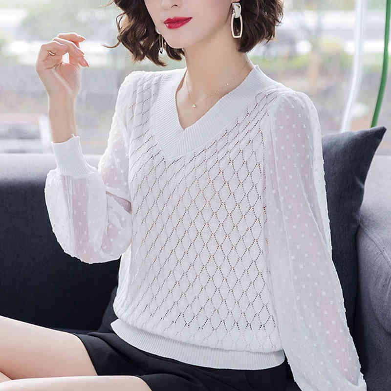 V-Neck Hollow Out Chiffon Long Sleeve Patchwork Knit Pullovers Women Elegant Large Size Loose Argyle Knitwear Tops Female 210522