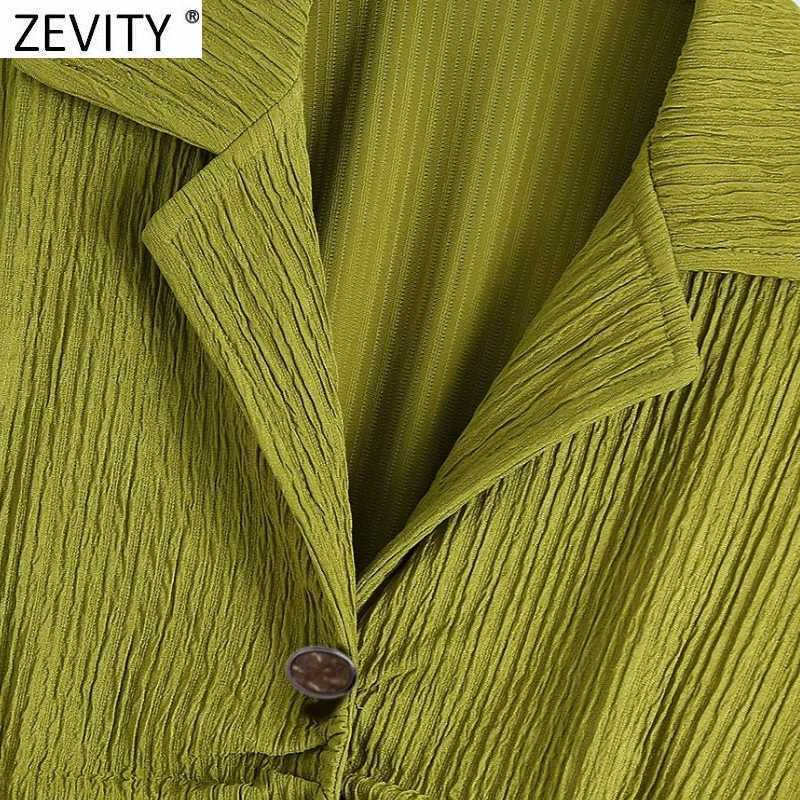 Zevity Women Vintage Pleated Green Blouse Lady Long Sleeve Chic Slim Shirt Femininas Turn Down Collar Casual Blusas Tops LS9216 210603