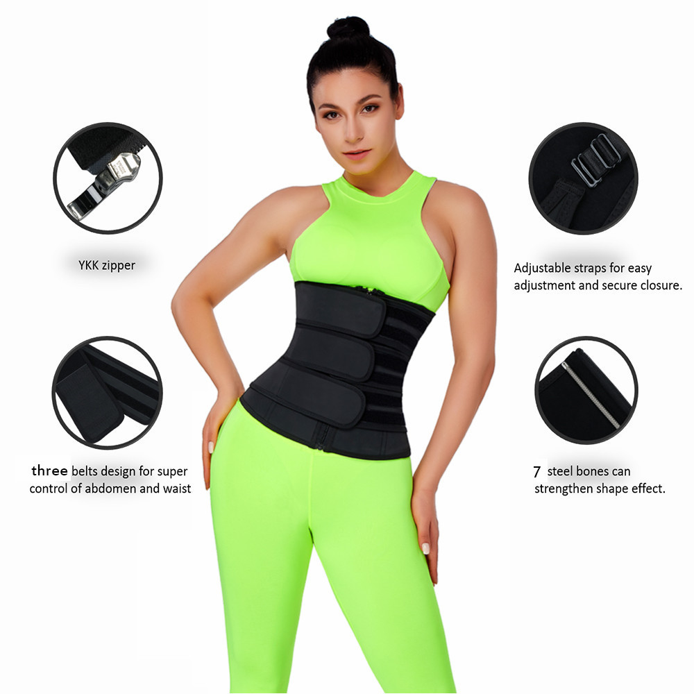 Feelingirl New Three Belts Waist Trainer 100%latex Waist Trainer Body Shaper Zipper 7 Steel Bones Modeling Strap Waist Shaper 210402