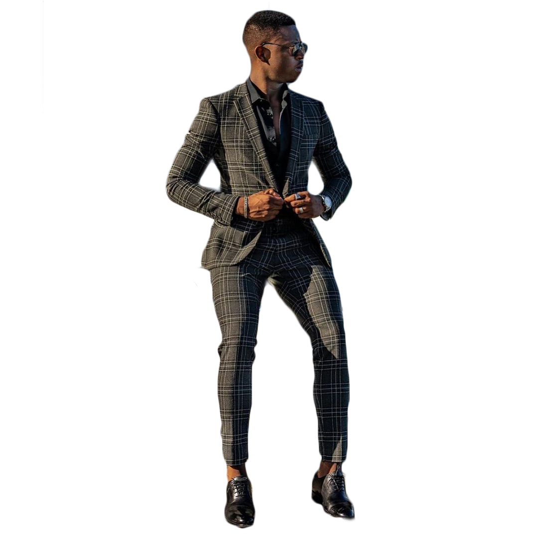 Smart Fashion Check Mens Custom Made Wedding Tuxedos One Button Groom Wear Formal Dinner Prom Party Blazer Suits(Jacket+Pants)