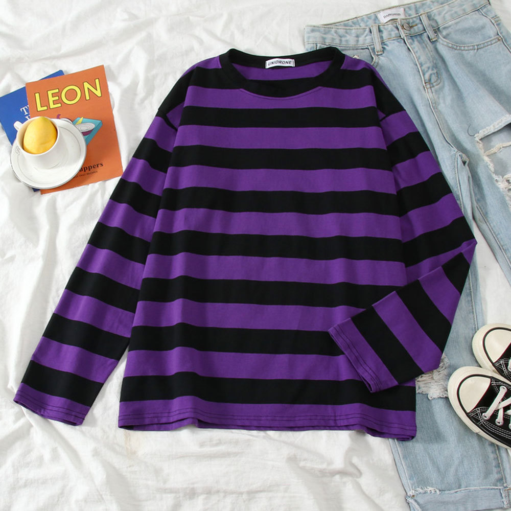 Women Spring Autumn Striped Loose Slim Fit T-shirt Harajuku Long Sleeve Korean Casual Basic Tops Streetwear 210428