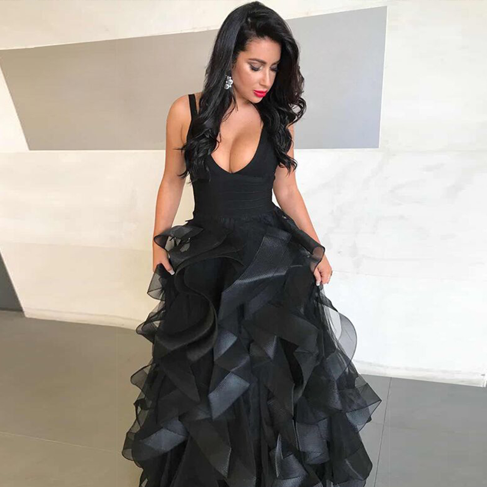 Summer Women's Spaghetti Strap Lace Bandage Dress Sexy V Neck Ruffles Floor Length Celebrity Party Evening 210423