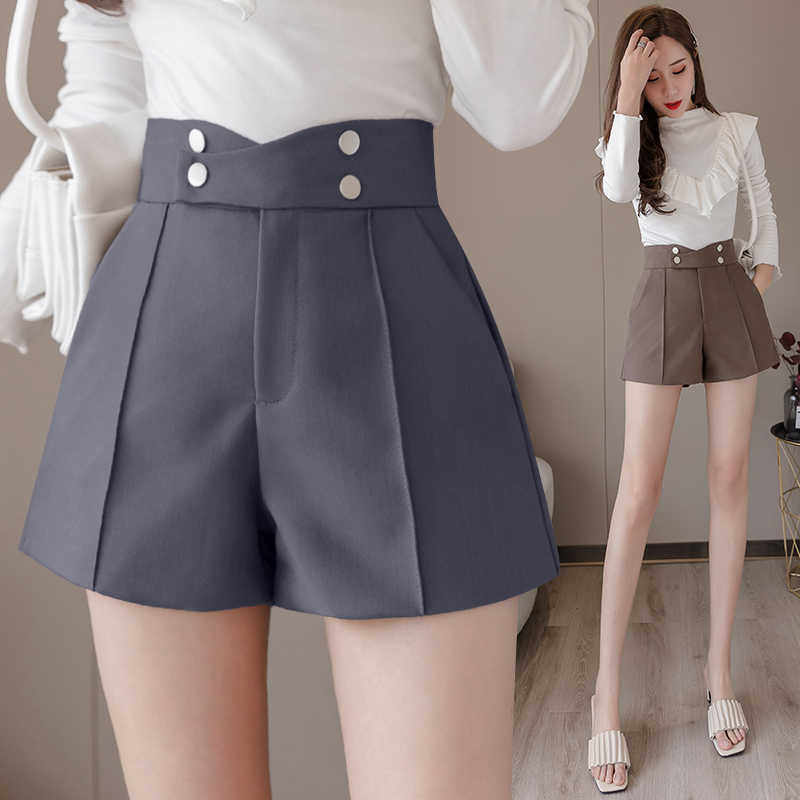 Plus Size Suits Shorts Women Summer High Waist Solid Black Office Work Ladies Pocket Gray Wide Leg Trouser S-XL 210601