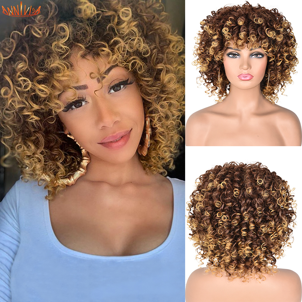 Short Hair Afro Kinky Curly Wigs With Bangs For Black Women Blonde Mixed Brown Synthetic Cosplay African Wigs Heat Resistantfactory direct