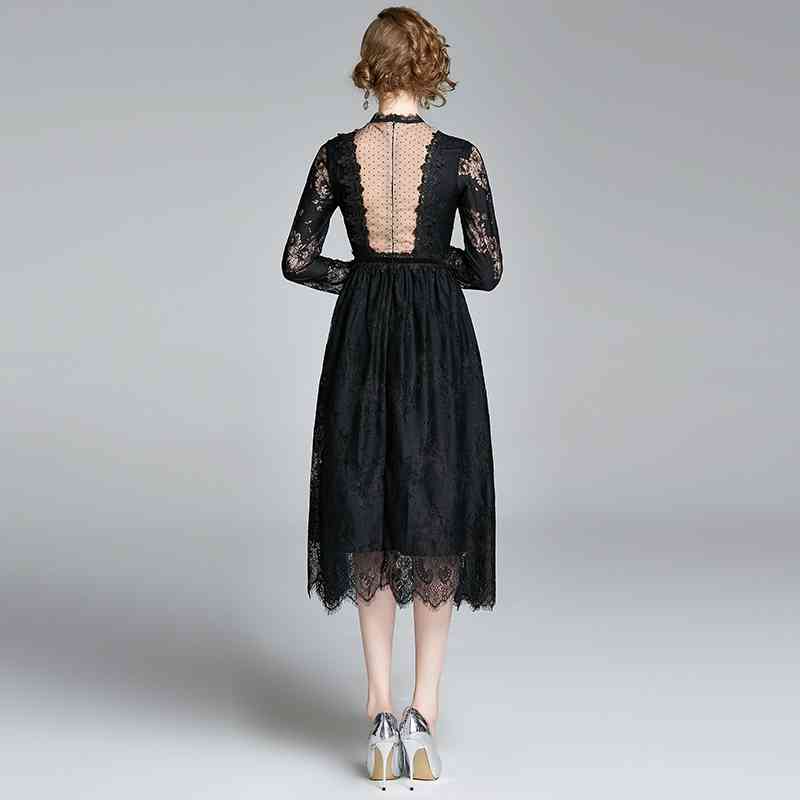 Sexy Hollow Out Patchwork Bottoming Lace Dress Women Elegant Vintage Black Dresses OL See Through Work Vestidos 210520