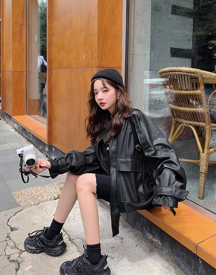 Women's Jackets Women's Women Casual Vintage Leather Jacket Female Loose Stand-up Collar Short Zipper Coat Woman Tops Autumn And Spring