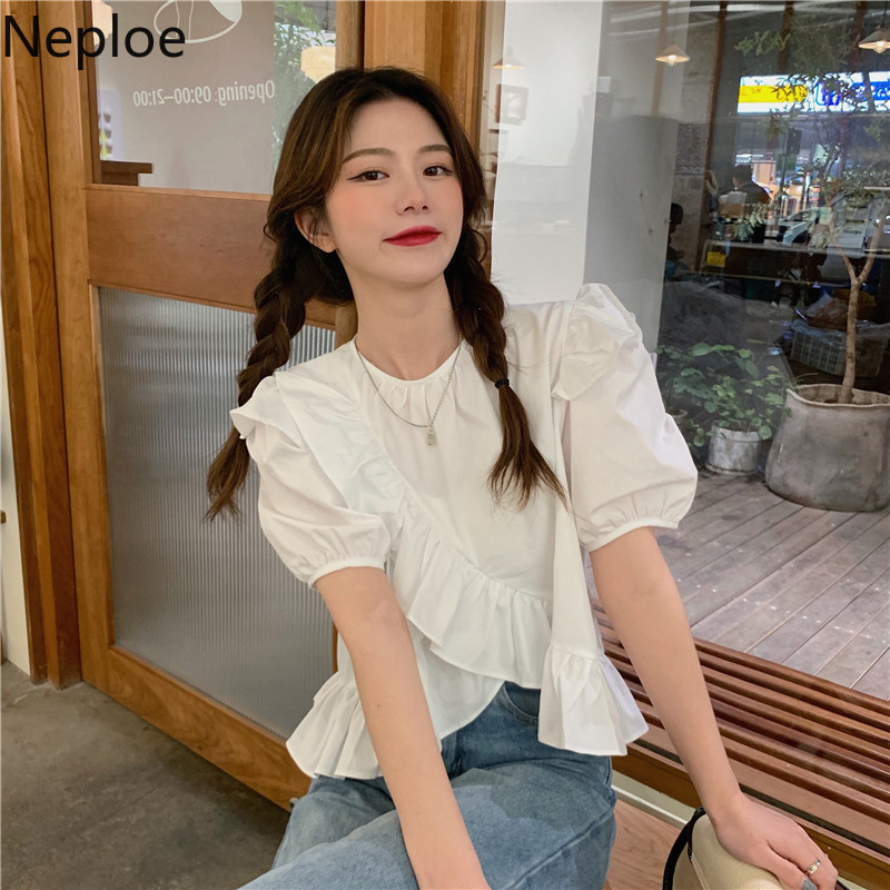 Neploe Ruffles Shirts Women Korean Fashion Blouses Women O-neck Puff Sleeve Blouse Tops Sweet Blusas Mujer De Moda Verano 210422