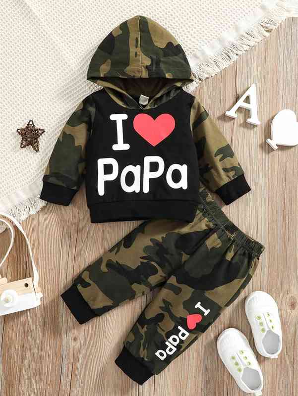 Baby Camo And Slogan Graphic Hoodie & Sweatpants SHE