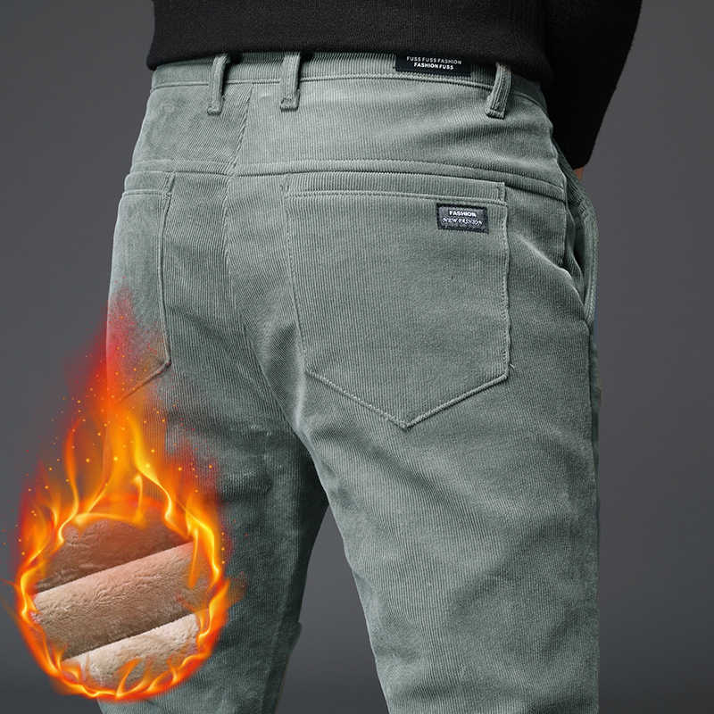 Men's Winter Pants Thick Cotton Fleece Warm Zipper Pocket Black Brown Pants Male Straight Trousers Stretch Casual Corduroy Pants Y0927