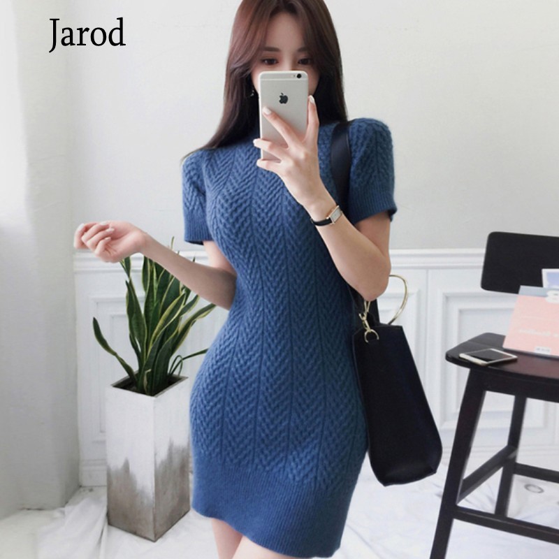 Autumn Winter Warm Bottoming Sweater Women Sexy Slim Bodycon Dress Female Half turtleneck short Sleeve Knitted Vestidos 210519