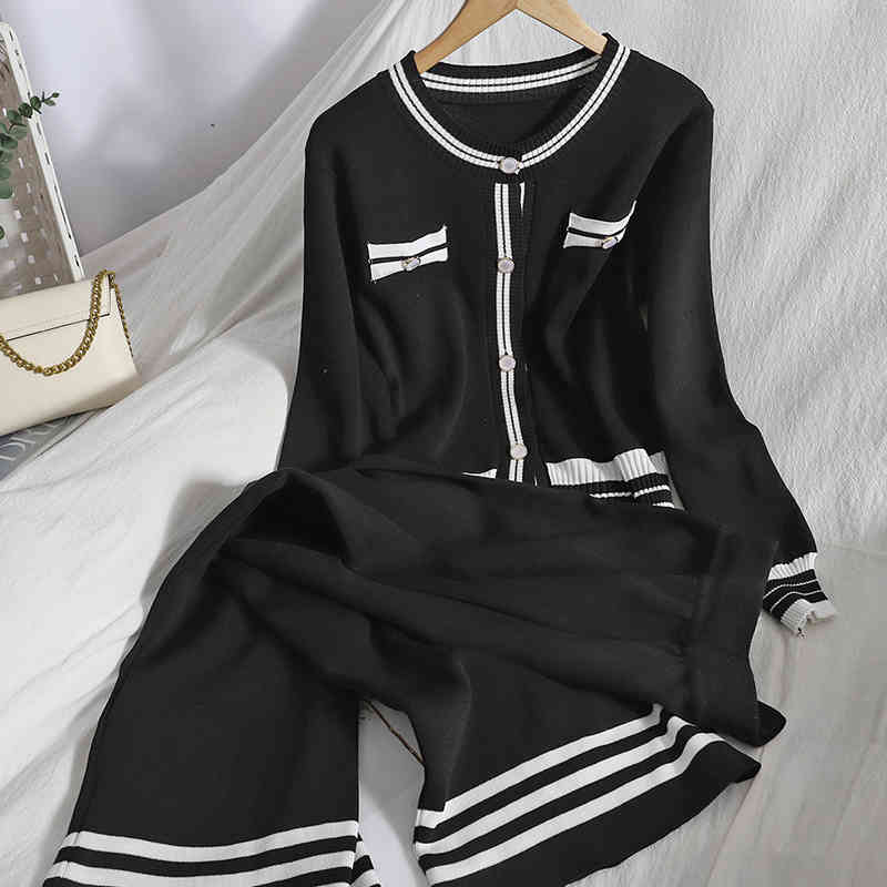 Spring women's Knitted Tracksuit 2 Pieces Set Fashion O-Neck Long Sleeve Women Cardigan Sweater+ Wide Leg Pant Suits 210518