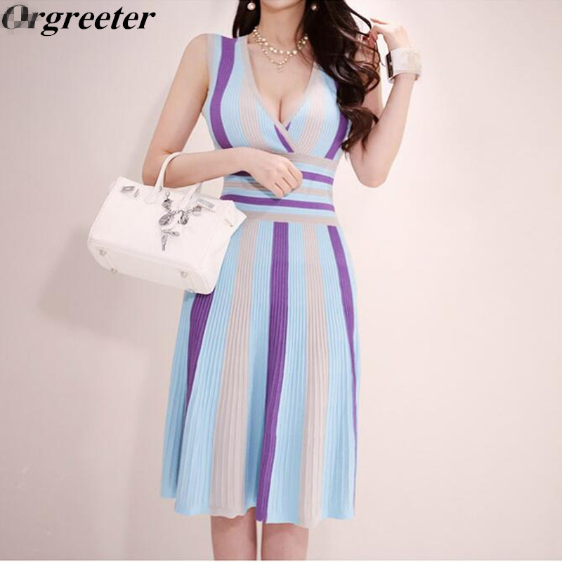Sexy V-neck Sleeveless Knitted Dresses Women Runway Design Summer Colorful Striped Slim A-line Thin Knit Dress Elegant Vestidos 210525, Picture color
Sexy V-neck Sleeveless Knitted Dresses Women Runway Design Summer Colorful Striped Slim A-line Thin Knit Dress Elegant Vestidos 210525, Picture color