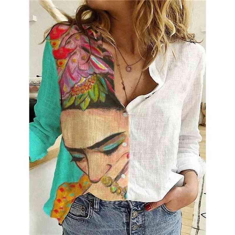 Casual Long Sleeve Print Button Loose Shirts Women Cotton Linen Blouses Office Lady Vintage Streetwear Plus Size Shirt Tops 210526