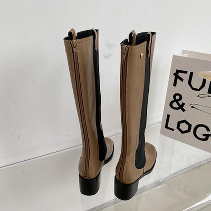 Boots Fall 2021 Temperament Thick Heel High Fashion Simple Elastic Back Zipper Round Toe Women Thigh